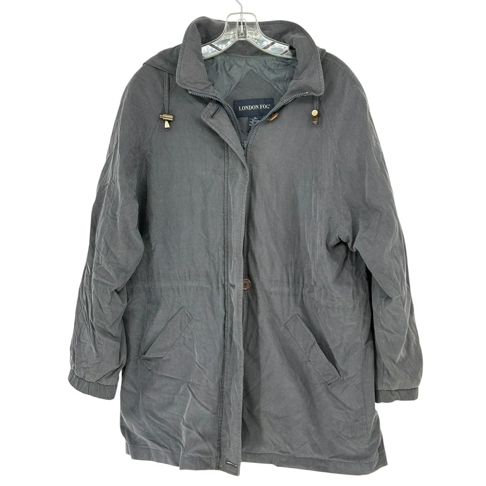 London‎ Fog Hooded Parka Jacket Gray Full Zip Drawstring Waist Large